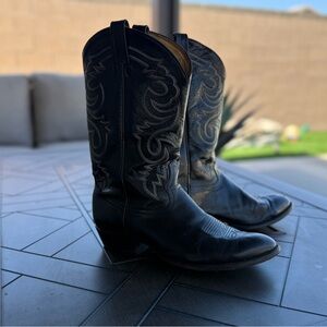 Tony Lama Black Western Cowboy Boots with Embroidered Shaft